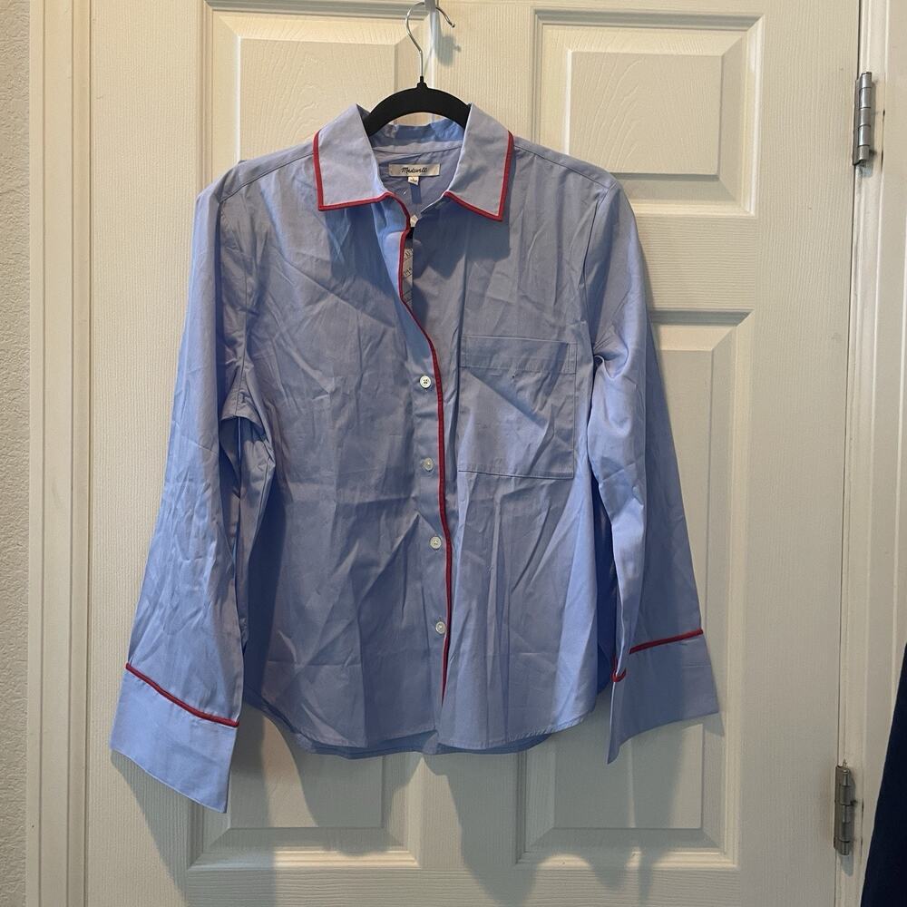 Madewell Signature Y-Neck Shirt in Poplin 100% Cotton Womens Size Small Blue #99 - Picture 6 of 8
